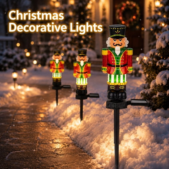 QLUEWX Solar Powered Nutcracker Christmas Decorative Lights, Resin Nutcracker Soldier Pathway Stake Lamp, Warm Glow Waterproof Outdoor Lawn Walkway Garden Front Yard Winter Holiday Landscape Decor
