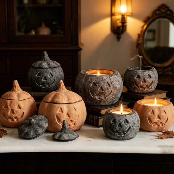 QLUEWX Terracotta-Effect Pumpkin Lantern Candle, Halloween Resin Carved Pumpkin Candle with Stem Lid, Autumn Amber Scented Rustic Decorative Piece for Fall Home Tabletop Mantel Holiday Decor
