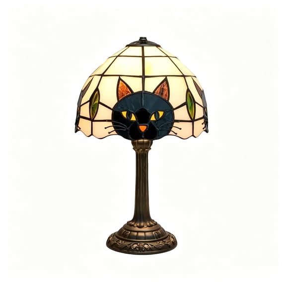 QLUEWX Tiffany Stained Style Black Cat Lamp, 14.2" Resin Base Little Black Cat Table Lamp, Vintage Night Light Home Decor, Table Decor for Bedroom Living Room Office Halloween, Cat Lovers Decor