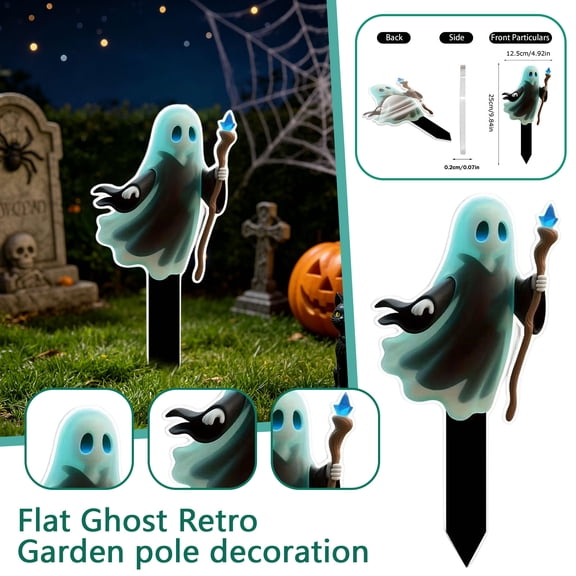 QLUEWX Wizard Ghost Acrylic Garden Stake Sign, 9.84 Inch Flat Ghost Holding Magic Wand Yard Stake, Spooky Halloween Outdoor Lawn Pathway Decor for Backyard Cemetery Party Scene Layout