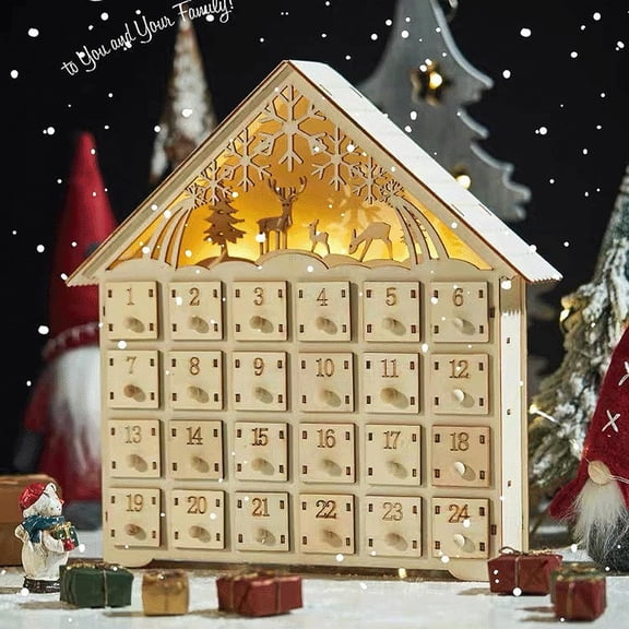 QLUEWX Wooden House Advent Calendar 2026, Christmas Advent Calendar for family fun, LED Light Up 24 Drawers Wooden Countdown Calendar Home Tabletop Holiday Decor Gift