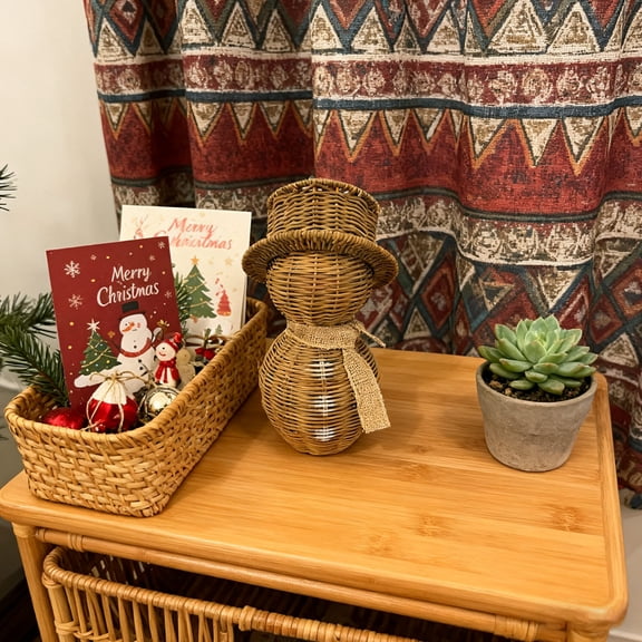 QLUEWX Woven Christmas Ornament, Wicker Snowman‑Shaped Natural Rattan Tabletop Decor with Hat & Scarf for Holiday Home Mantel Decoration (Small)