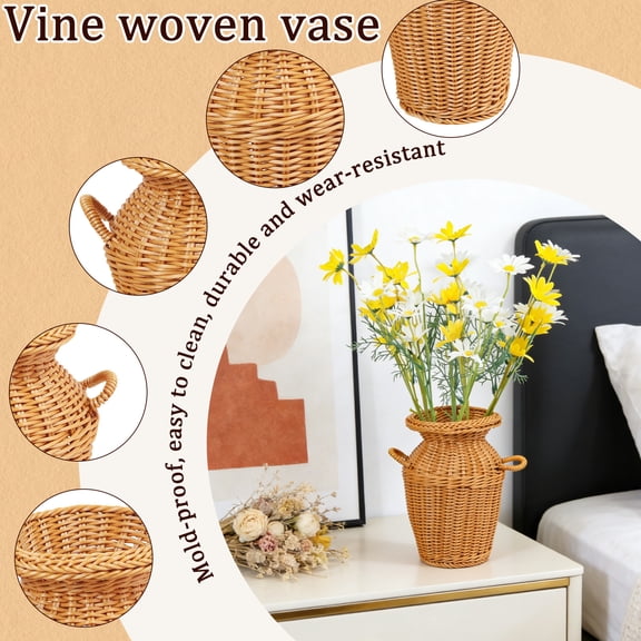QLUEWX Woven Flower Vase, DualHandle Natural Vine HandWoven JugShaped Vase for Dried Fresh Floral Arrangement Boho Home Tabletop Decor