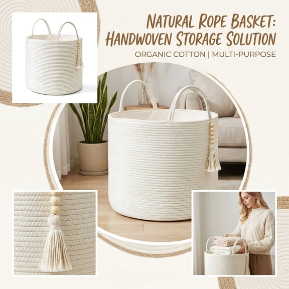 QLUEWX Woven Storage Basket, Round Cotton Rope Beaded Tassel Handled Organizer Bin with Liner for Blanket Toy Laundry Home Boho Decor (White)