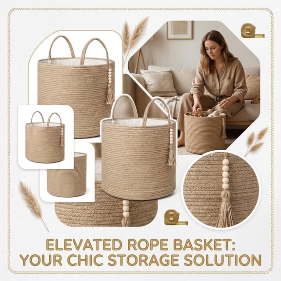 QLUEWX Woven Storage Basket, Round Cotton Rope Beaded Tassel Handled Organizer Bin with Liner for Blanket Toy Laundry Home Boho Decor (Yellow)