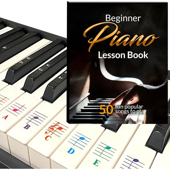 QMG Beginner Piano Book & Color Key Stickers for Kids - 50 Popular Songs