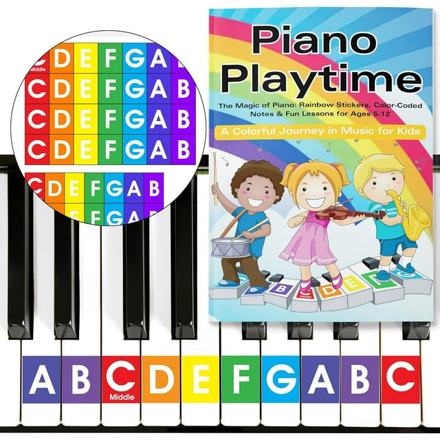 QMG Rainbow Color Piano and Keyboard Sticker and Kids Piano Learning Book Easy to Follow