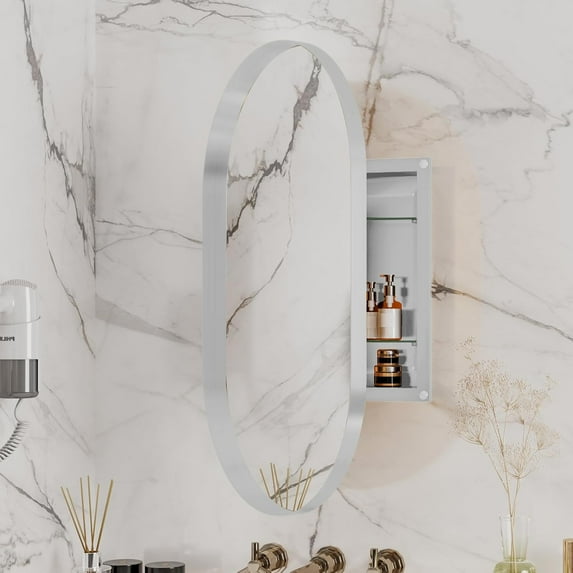 QMIT Oval Medicine Cabinet Mirror for Bathroom, Recessed Metal Framed Vanity Mirror with Storage, Wall Mount Medicine Cabinet with Adjustable Shelves, 20x34 Inch (White Oval)