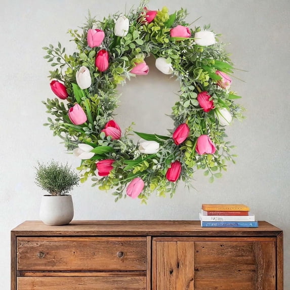 QMTWT Spring Front Door Wreath - Colorful Flowers, Leaves & Ferns ...