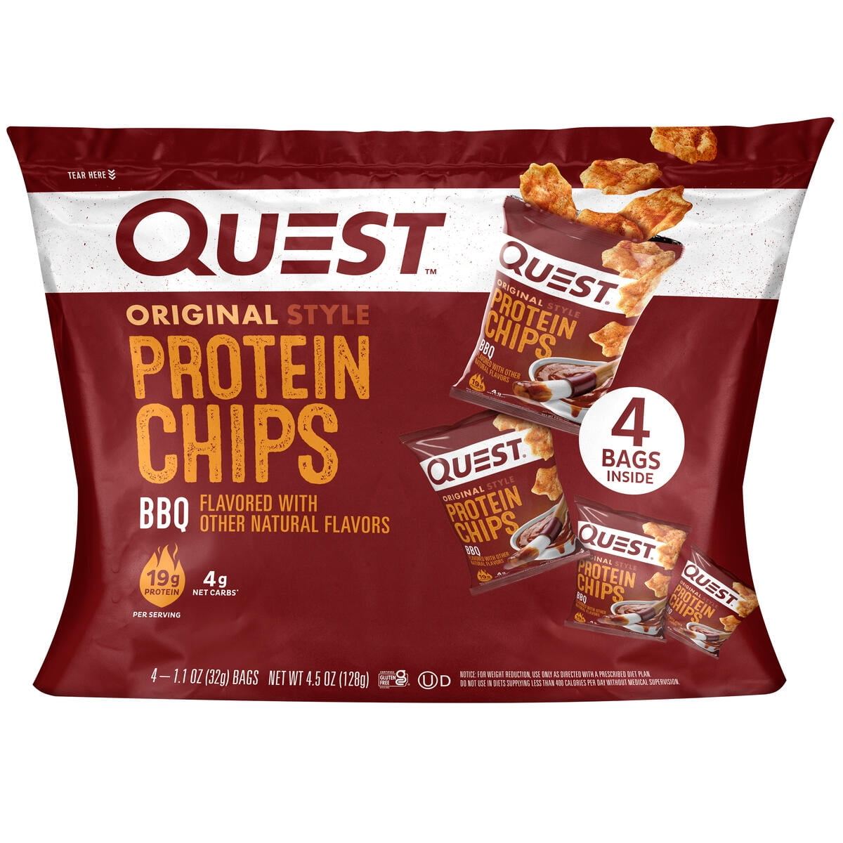 Quest Original Style Protein Chips, BBQ Flavor, Gluten Free, 1.1 oz, 4 Count