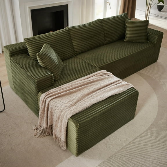 QNACPY 103'' L-shaped Corduroy Boneless Sectional Couches, Modern Fluffy Cloud Modular Sofa with L-Shape Chaise, Comfy Memory Foam Deep Compress Sofas for Living Room,Office,Green