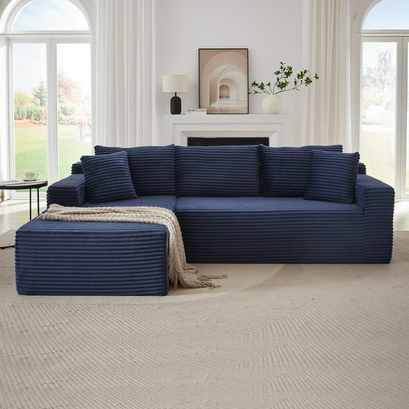 QNACPY 103'' L-shaped Corduroy Boneless Sectional Couches, Modern Fluffy Cloud Modular Sofa with L-Shape Chaise, Comfy Memory Foam Deep Compress Sofas for Living Room,Office,Blue