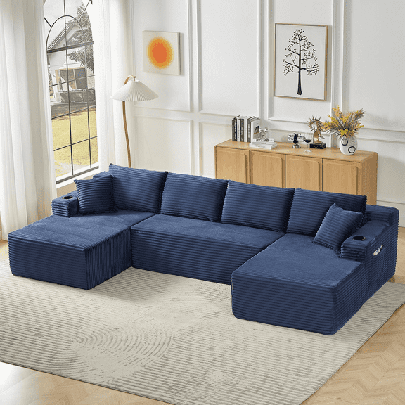 QNACPY 133.5" Oversized U-Shaped Cloud Couch,Comfy Boneless Deep Seat Modular Sectional Sofa with Cup Holders, Modern Corduroy Foam Compressed Sofa Set for Living Room, Apartment,Blue