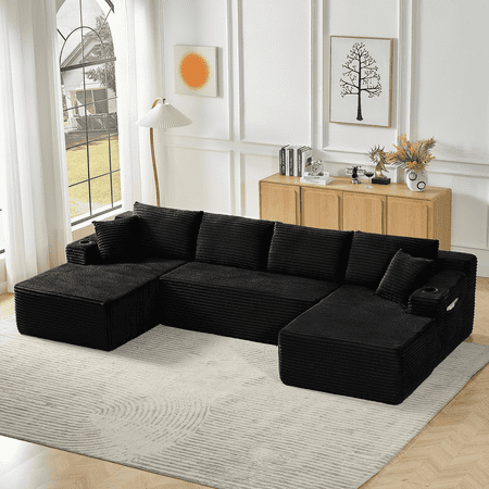 VEPXXP 133.5" Oversized U-Shaped Cloud Couch,Comfy Boneless Deep Seat Modular Sectional Sofa with Cup Holders, Modern Corduroy Foam Compressed Sofa Set for Living Room, Apartment,Black