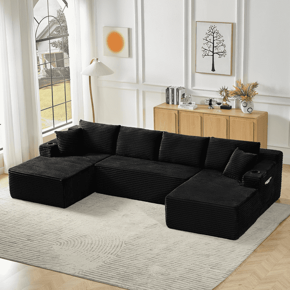 QNACPY 133.5" Oversized U-Shaped Cloud Couch,Comfy Boneless Deep Seat Modular Sectional Sofa with Cup Holders, Modern Corduroy Foam Compressed Sofa Set for Living Room, Apartment,Black