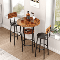 QNACPY 3-Piece Bar Table Set, Small 2-Tier Round Bistro Pub Dining Table & PU Upholstered Stools with Backrest, Modern Counter Height Table and Chairs Set for Kitchen,Small Space, Rustic Brown