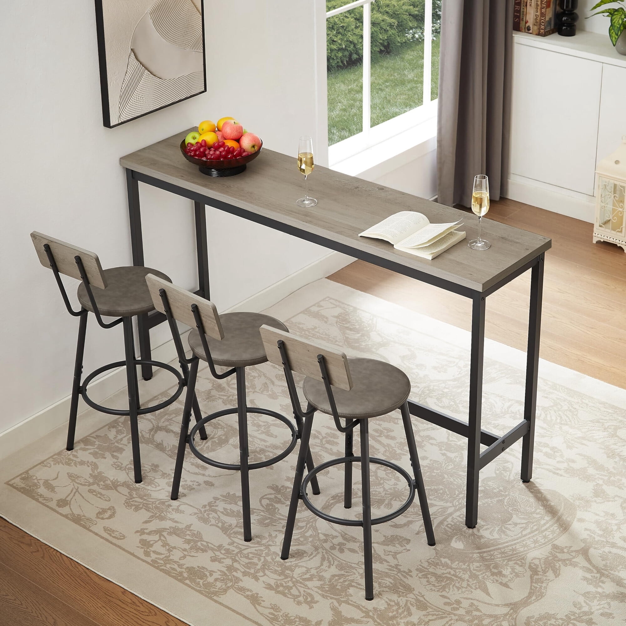 QNACPY 4 Piece Long Bar Table and Chairs Set for 3, Industrial Counter ...