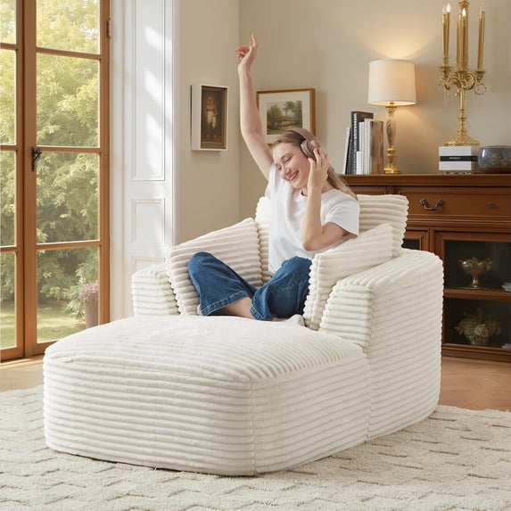 QNACPY 45"W Oversized Chaise Lounge Chair Indoor Sofa Bed, Comfy Boneless Cloud Couch with Corduroy Upholstery, Deep Seat Sleeper Couches for Living Room, Bedroom, Apartment, Reading,Beige