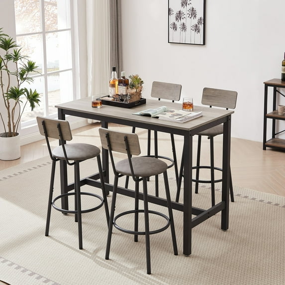 QNACPY 5 Piece Long Bar Table and Chairs Set for 4, Industrial Counter Height Pub Table and PU Soft Stools with Backrest, High Kitchen Breakfast Tables Set for Restaurant, Dining Room,Gray