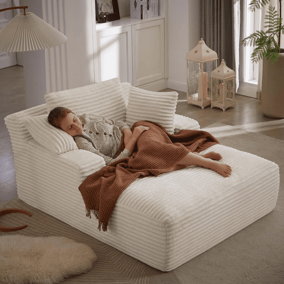 QNACPY 66.1"D Oversized Chaise Lounge Chair Indoor, Boneless Sofa Bed Upholstered Sleeper Couch with Armrests & 3 Throw Pillows, Comfy Corduroy Plush Chairs for Living Room,Bedroom,White