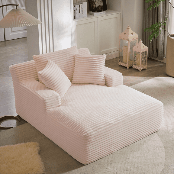 QNACPY 66.1"D Oversized Chaise Lounge Chair Indoor, Boneless Sofa Bed Upholstered Sleeper Couch with Armrests & 3 Throw Pillows, Comfy Corduroy Plush Chairs for Living Room,Bedroom,Pink