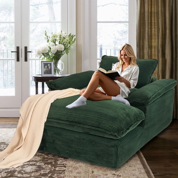 QNACPY 67" Oversized Chaise Lounge Chair Bedroom, Boneless Couch Comfy Upholstered Sleeper Sofa Bed with Double Cushions, Corduroy Cloud Reading Chair for Living Room,Office,Green