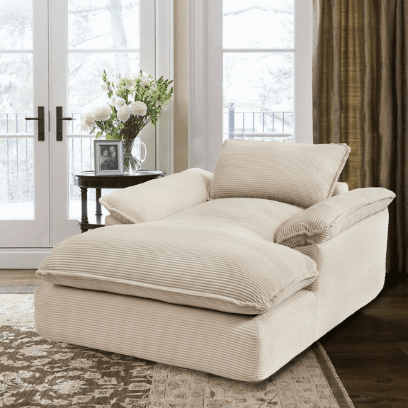 QNACPY 67" Oversized Chaise Lounge Chair Bedroom, Boneless Couch Comfy Upholstered Sleeper Sofa Bed with Double Cushions, Corduroy Cloud Reading Chair for Living Room,Office,Beige