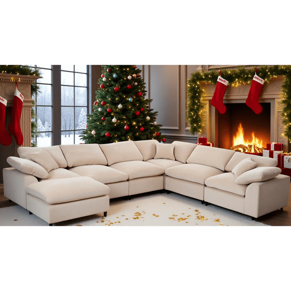 QNACPY 7 Seater Modular Sofa Couch,Comfy Oversized Corner Modern U Shaped Sectional Sofas with Deep Seat & Ottoman, Cloud Couches for Living Room, Office, Spacious Space,Beige
