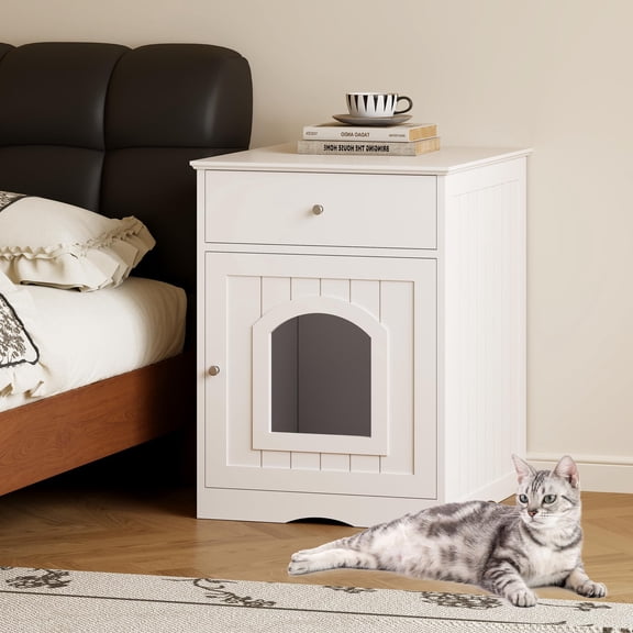 QNACPY Hidden Cat Home Litter Box Cabinet with Drawer, Box Enclosure, Wooden Pet Crate Furniture as Cat House, End Table for Living Room,Bathroom (White + Solid Wood)
