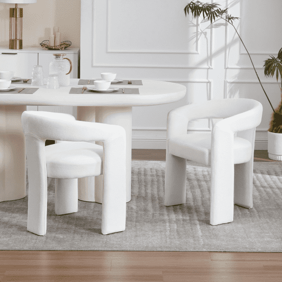 QNACPY Modern Dining Chairs Set of 2, Boucle Upholstered Barrel Kitchen Chair with Round Back & Arm, Comfy Accent Armchair for Dining Room/Living Room/Restaurant,Beige