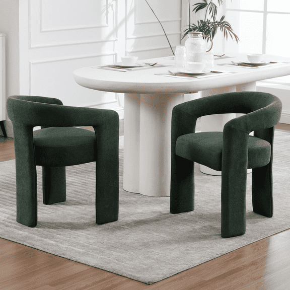 QNACPY Modern Dining Chairs Set of 2, Boucle Upholstered Barrel Kitchen Chair with Round Back & Arm, Comfy Accent Armchair for Dining Room/Living Room/Restaurant,Green
