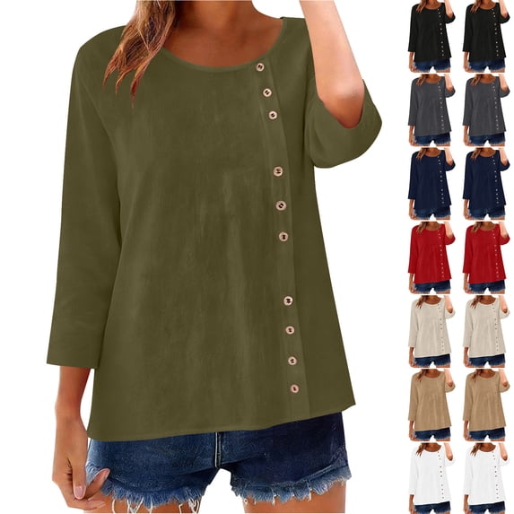 QNANSPI 3/4 Sleeve Shirts for Women, Womens Casual Blouses, Women's Solid Color Crew Neck 3/4 Sleeve Top Decorative Button Detail Casual Daily Blouse