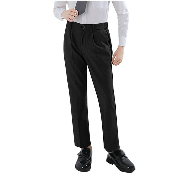 QNANSPI Boys Dress Pants, Uniform Pants for Boys, Big Kids Boys Solid Color Dress Pants Elastic Waist Pockets Formal Party Event Wear Full Length 2-18 Years