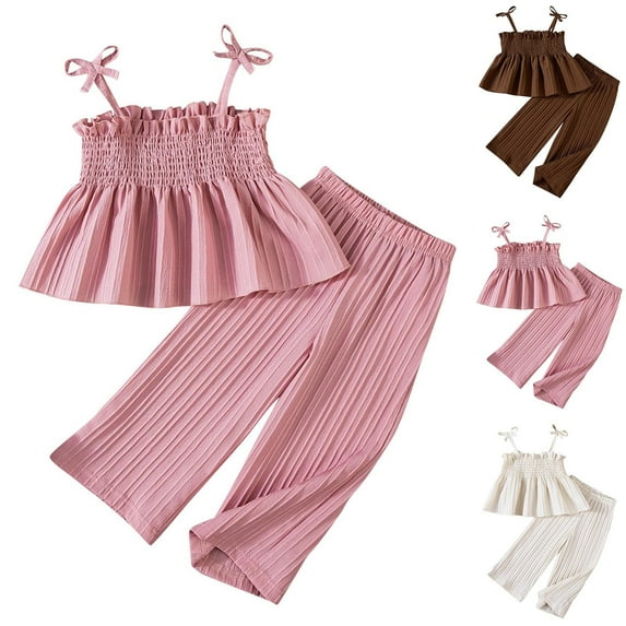 QNANSPI Boys and Girls 2-Piece Outfit Set,Flower Camisole High Waist Pants Suits Girls,Children's Solid Color Tank Tops Elastic Waistband Pants Summer Casual and Comfortable Set
