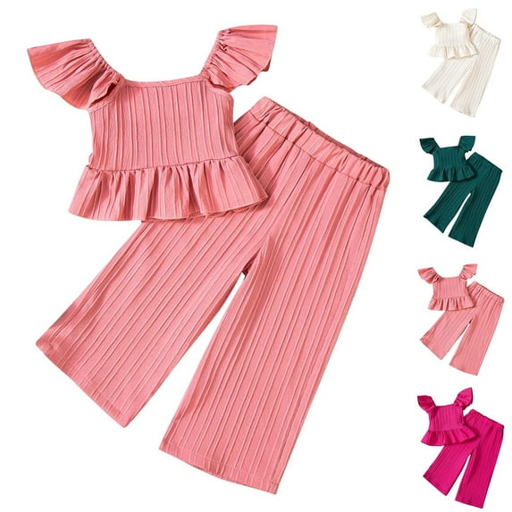 QNANSPI Boys and Girls 2-Piece Outfit Set,Flower Camisole High Waist Pants Suits Girls,Children's solid color flying sleeve elastic waist pants summer casual and comfortable two-piece set