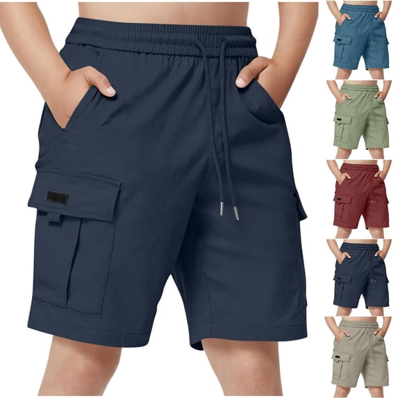 QNANSPI Boys Summer Cargo Shrots Elastic Waist Drawstring Shorts Lightweight Casual Shorts with Multi Pockets 5-15Y