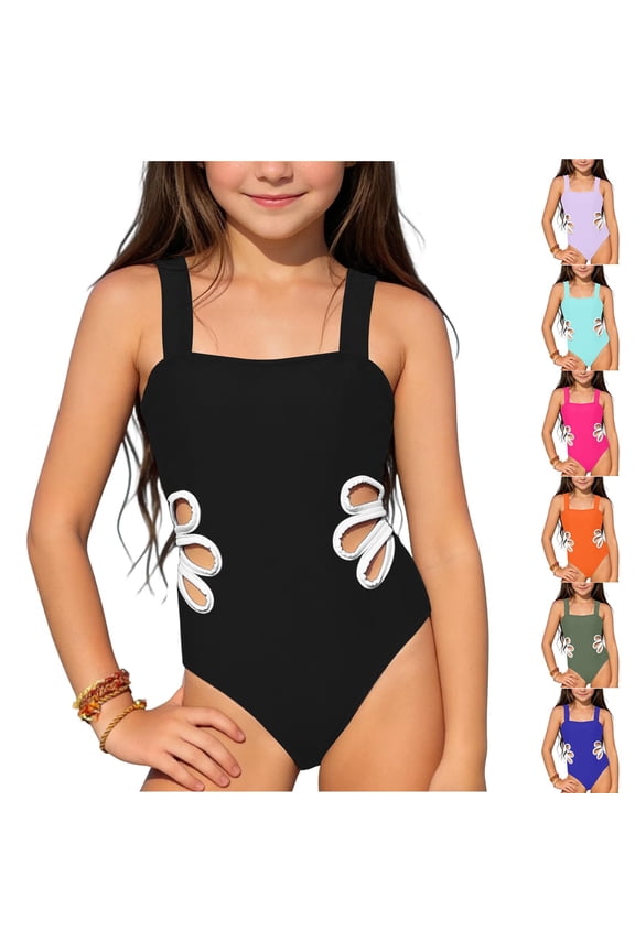 Girls 1 Piece Swimsuit, Casual Beach Swimwear, 8-12 Years Youth Girls Solid Color Cutout One-Piece Bathing Set for Beach Pool Summer Vacation
