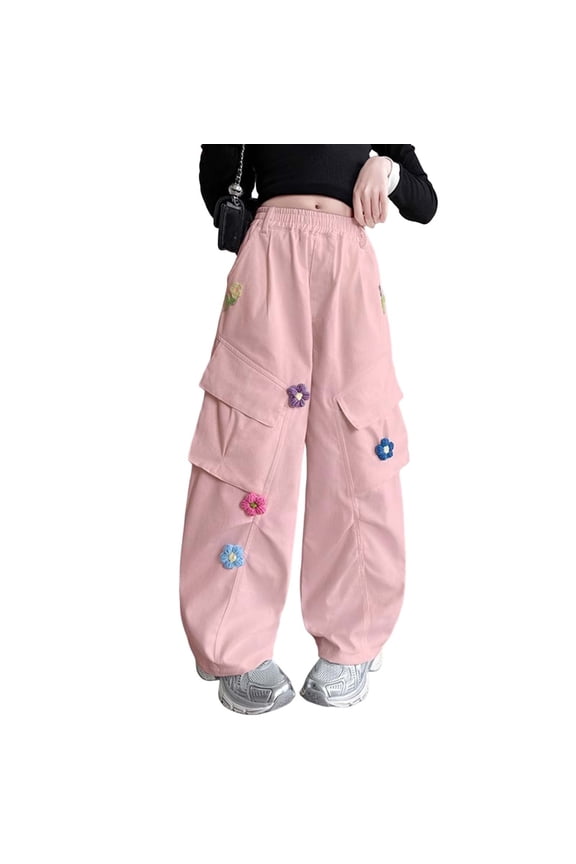 Girls Cargo Pants, Wide Leg Pants for Kids, Big Kids Girls Solid Color Cargo Pants Floral Patch Detail Multiple Pockets Wide Leg Casual Full Length 4-15 Years