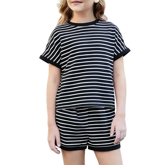 QNANSPI Girls Clothes, Kids Shorts Sets, Kids Boys Girls 1-10 Years Summer Striped Short Sleeve Casual Comfortable 2 Piece Clothing Outfit Set
