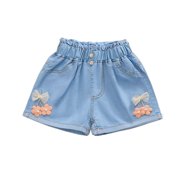 QNANSPI Girls Jean Shorts, Denim Shorts, Girls Summer Floral Bow Jean Shorts High-Stretch Elastic Waist Casual Outdoor Play Versatile Everyday Wear 4-13 Years