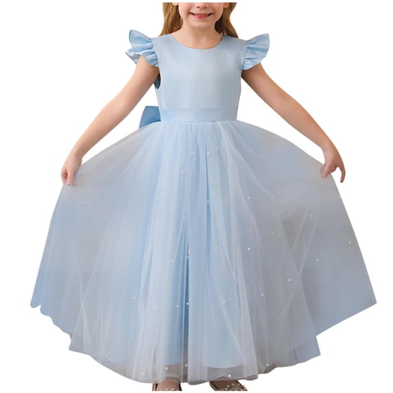 QNANSPI Girls Princess Birthday Party Dresses, Holiday Formal Dress for Girls, Big Girls Ruffle Sleeve Round Neck Solid Mesh Full Skirt Fancy Hosting Evening Show Formal Princess Dress for 3-14Y