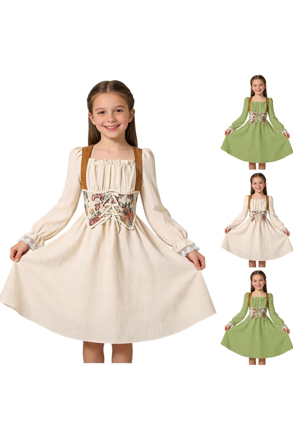 Girls Summer Boho Dresses Vintage Puff Sleeve Midi Dresses Squares Neck Floral Corset Dress for Halloween 7-13 Years