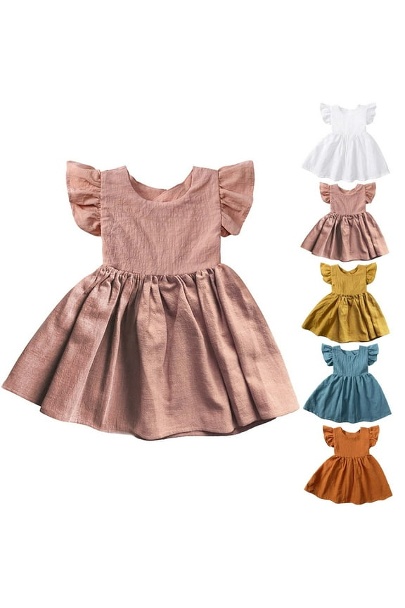 Girls Summer Casual Dresses, Tiered Twirl Sundress for Girls, Little Girls Summer Linen Solid Color Bow Ruffle Sleeve Breathable Lightweight Casual Outdoor Holiday Princess Dress