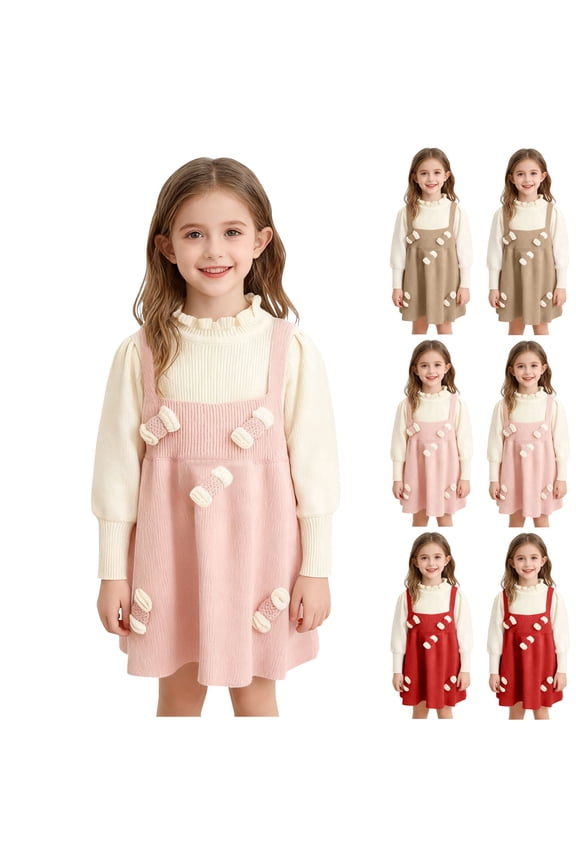 Girls Summer Casual Dresses, Tiered Twirl Sundress for Girls, Toddler Girls Candy Spaghetti Strap Ruffle Collar Knit Long Sleeve Solid Color 2 Piece Set Family Gathering Dress for 1-8Y