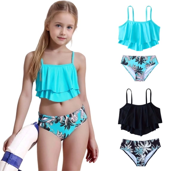 QNANSPI Girls Swumsuit Set, Casual Beach Swimwear, Kids Tropical Print Two-Piece Bathing Set for Youth Girls UPF Protection Beach Pool Summer Vacation 2 Pieces