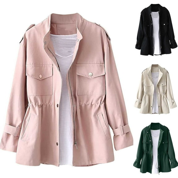 QNANSPI Jackets for Women,Womens Coat Casual,Fashion Women's Solid Color Long Sleeved Zipper Pocket Waist Cinching Casual Fall Coat Top