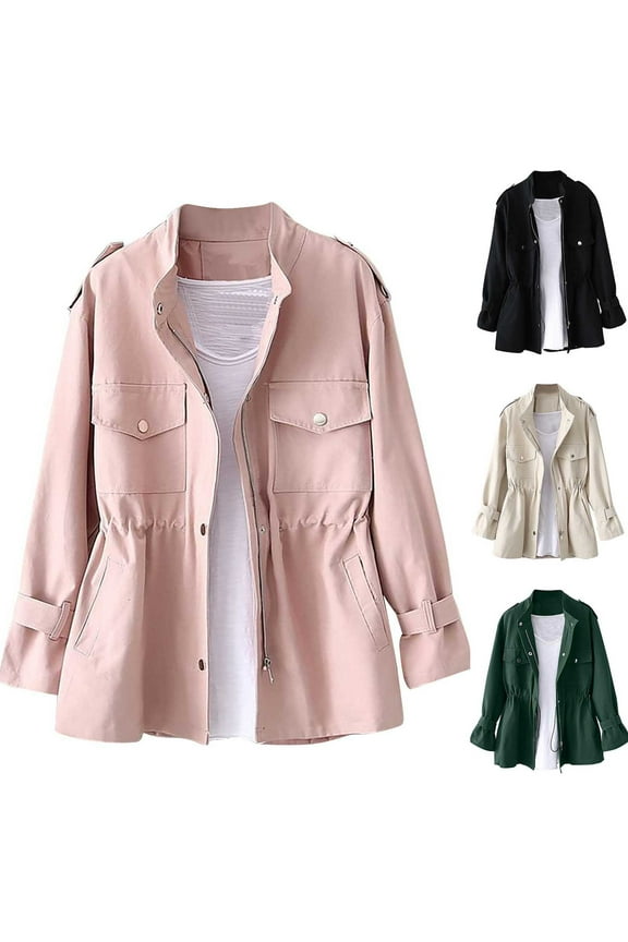 Jackets for Women,Womens Coat Casual,Fashion Women's Solid Color Long Sleeved Zipper Pocket Waist Cinching Casual Fall Coat Top