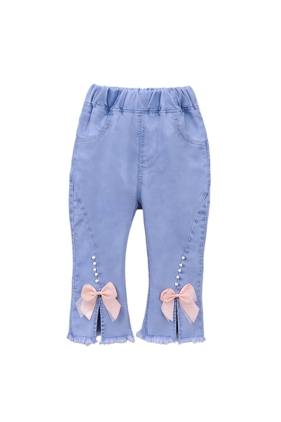 Jeans for Girls, Kids Flare Jeans, Toddler Girls Bow Pearl Flared Jeans Elastic Waist Slit Hem 1-6 Years