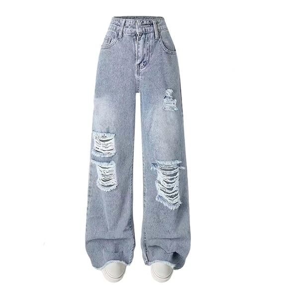 QNANSPI Jeans for Teen Girls, Kids Wide Leg Jeans, Big Kids Girls Ripped Distressed Jeans Loose Casual Straight Wide Leg Denim Pants 5-15 Years