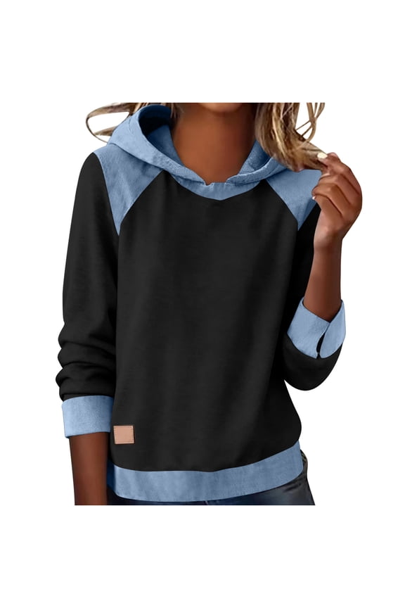 Long Sleeve Shirts for Women, Womens Casual Tops, Women's Solid Color Hooded Long Sleeve Top Denim Patchwork Detail Casual Active Wear Daily Pullover